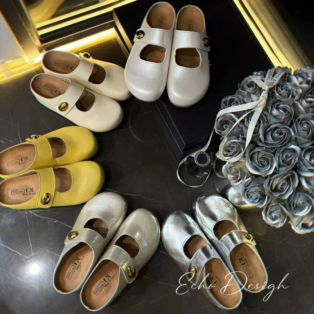 【ECHO】特!‘法式小金豆玛丽珍一脚蹬’半包内增高皮面拖鞋欧若风女