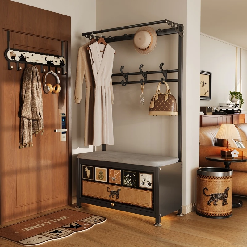 美世达卧室落地挂衣架家用多功能衣服挂架入户换鞋凳衣帽架一体