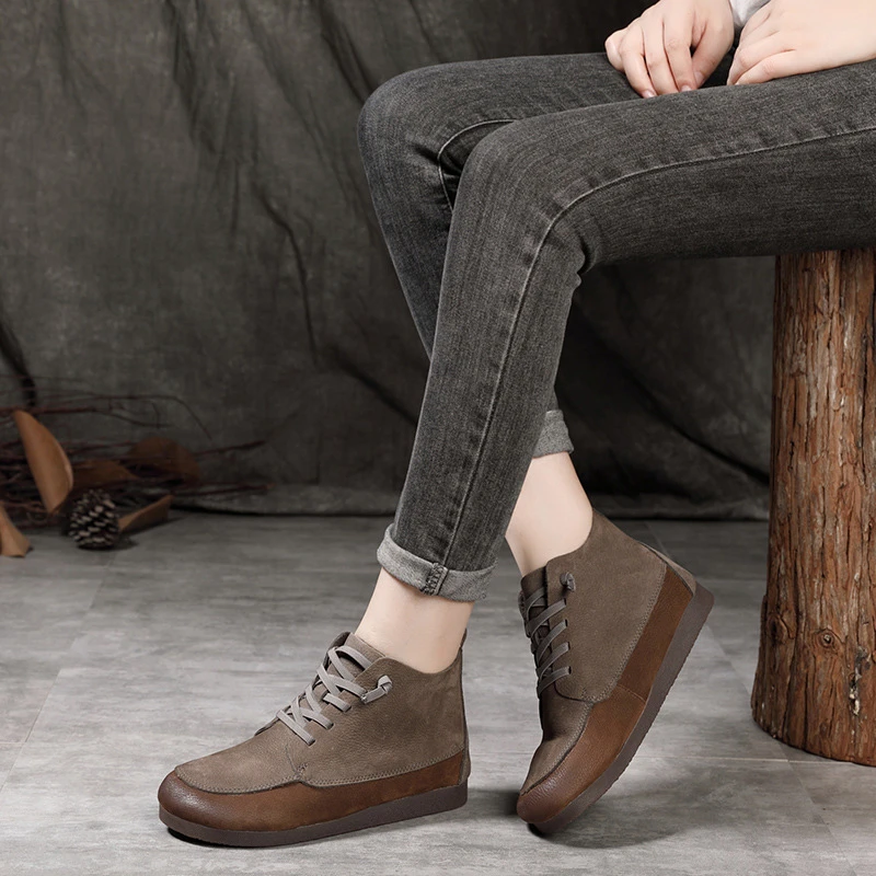 2024秋冬新款头层牛皮拼色松紧系带高帮女鞋软底软面短靴886-2