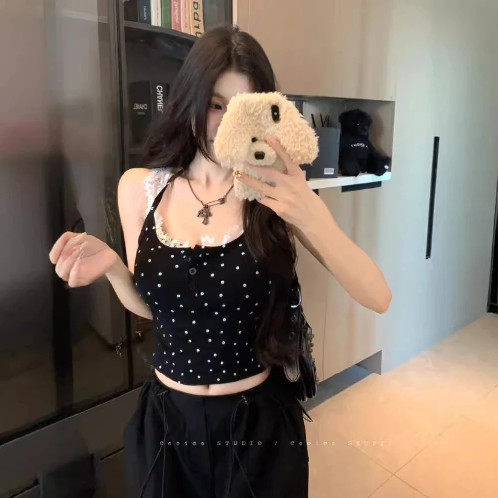 甜辣妹蕾丝花边波点吊带小背心带胸垫内搭短款设计感美背抹胸上衣