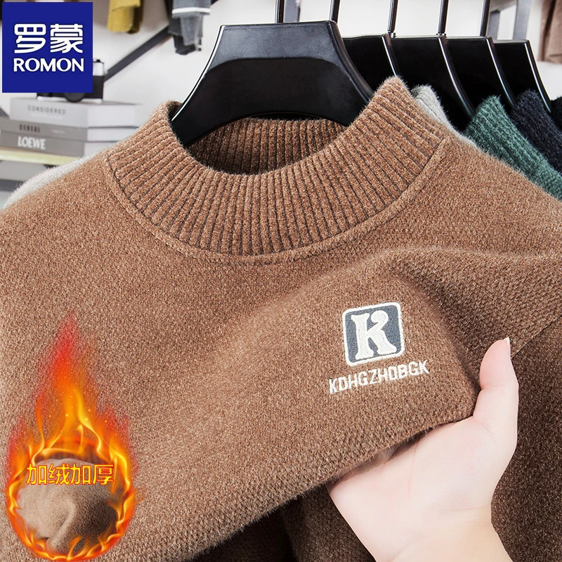 罗蒙冬季加绒加厚毛衣男装潮牌轻奢刺绣针织衫男士百搭保暖打底衫