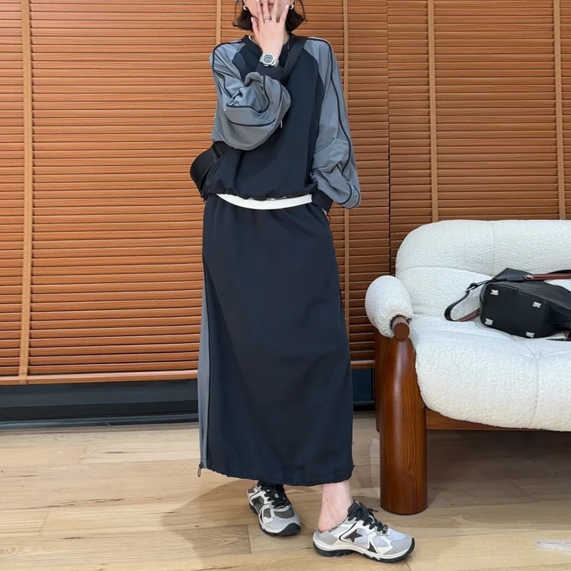 【交响乐章】美式复古潮流套装女春秋新款撞色长袖卫衣半身裙两件套