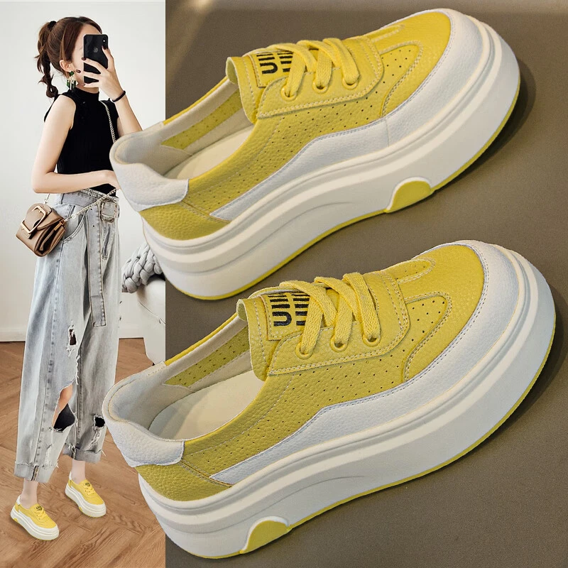 真皮小白鞋女2025夏季新款厚底内增高女鞋运动休闲板鞋透气洞洞鞋