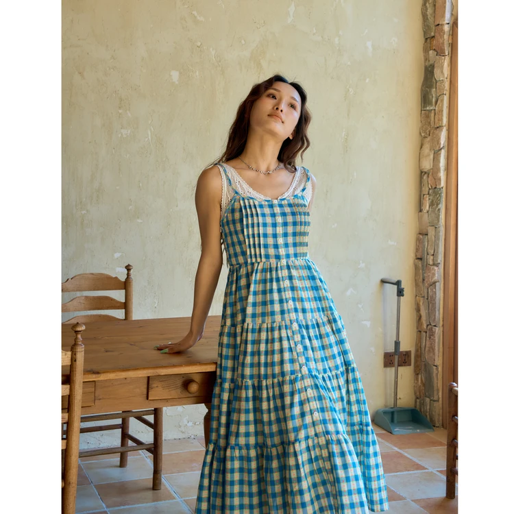 西町村屋法式格纹拼接吊带裙女夏季新款复古长款连衣裙XHAB10132