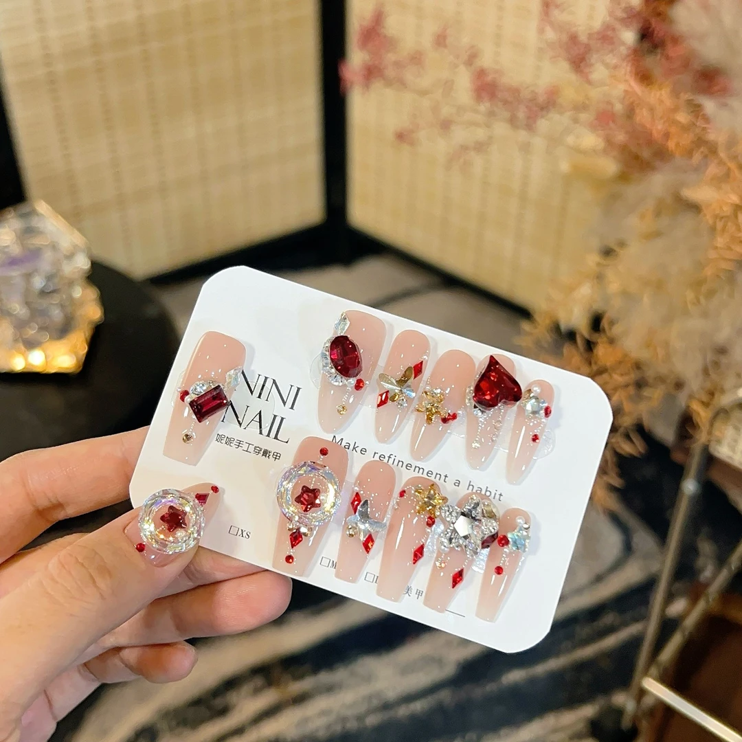 NINI全华【天使之吻】斯嘉丽红新年甲纯手工穿戴甲施家华子钻