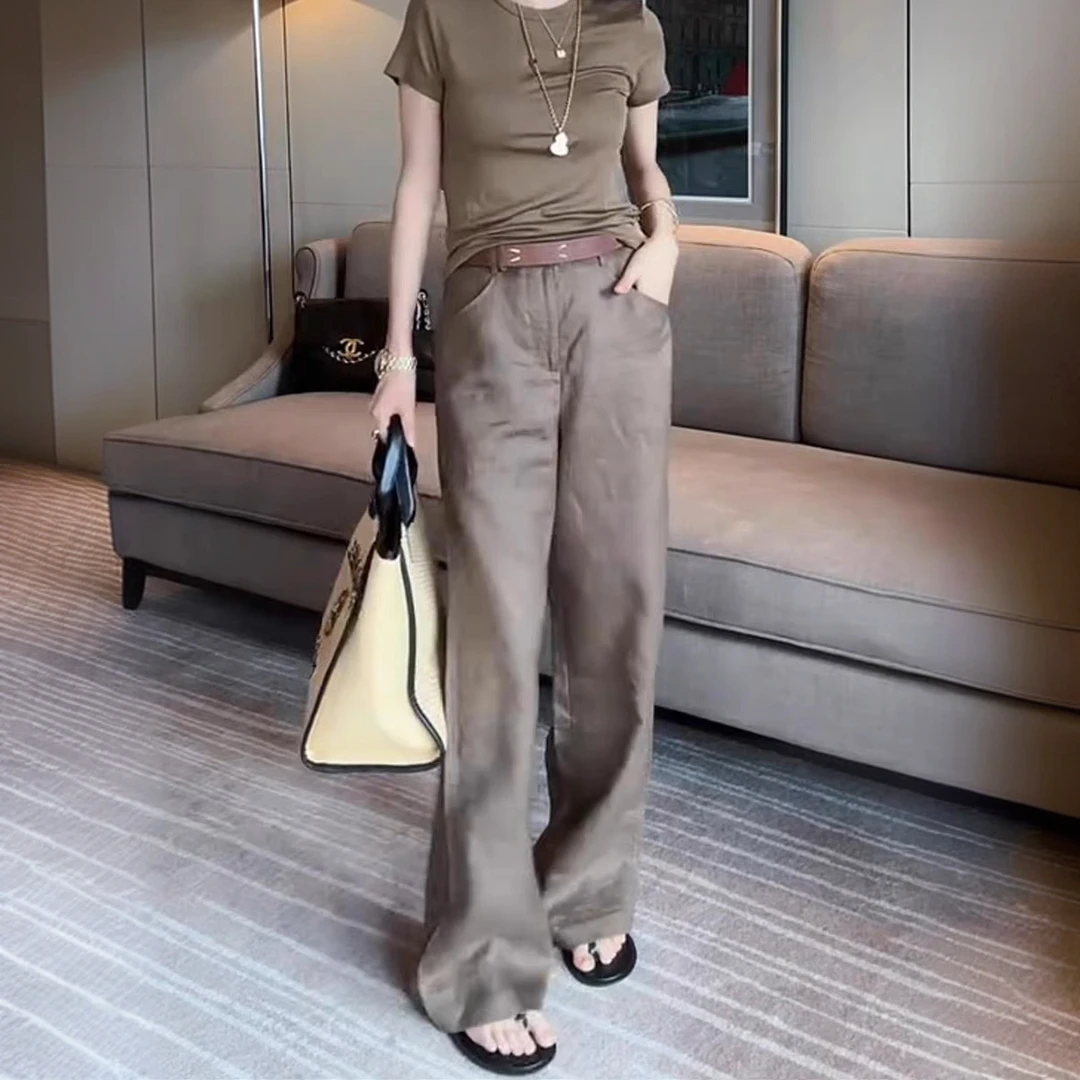 2025夏季新款大码女装宽松阔腿亚麻休闲裤梨形身材显瘦复古拖地裤
