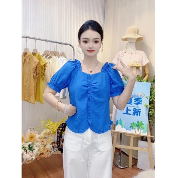 【新款现货】小众甜美减龄夏季泡泡袖白色雪纺短袖女装上衣