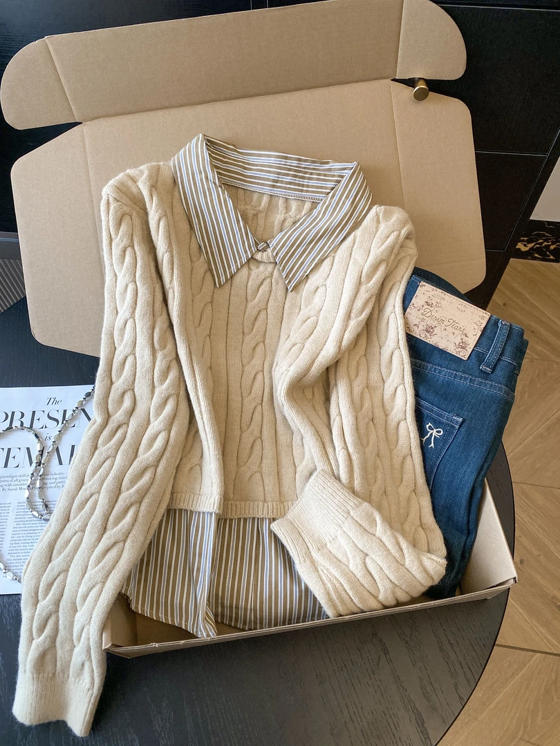 黄色套头外穿毛衣衬衫拼接假两件上衣女秋冬新款时尚新款潮牌女装