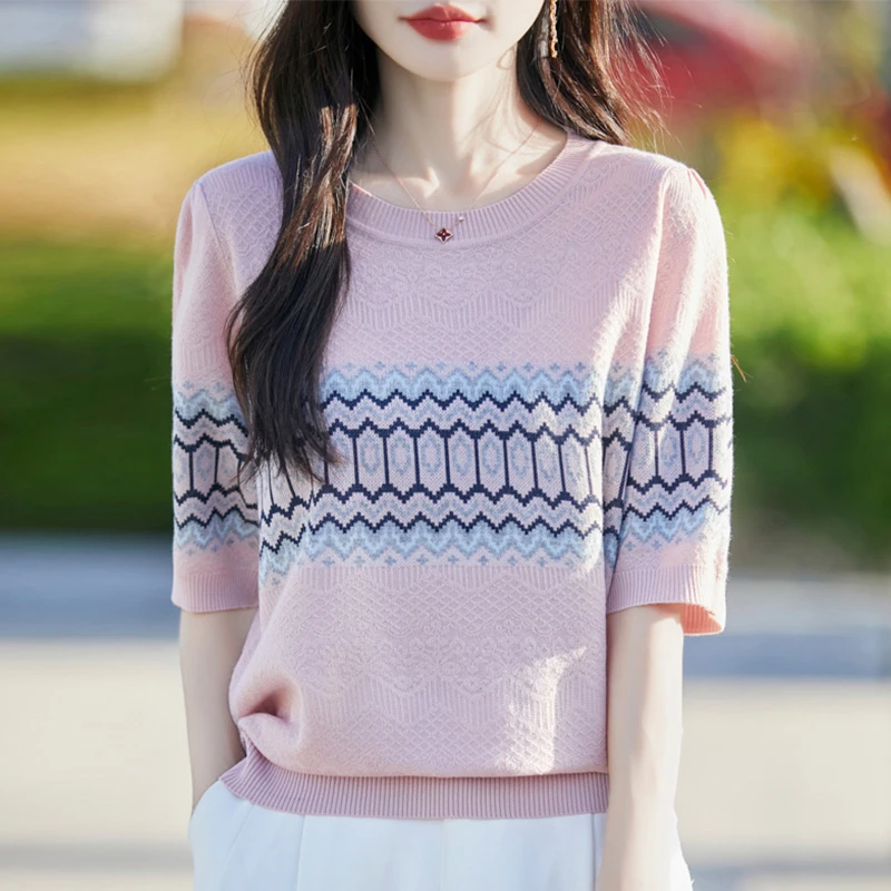 胖mm撞色提花短袖t恤女夏季2025新款针织短袖女款爆款2025新款