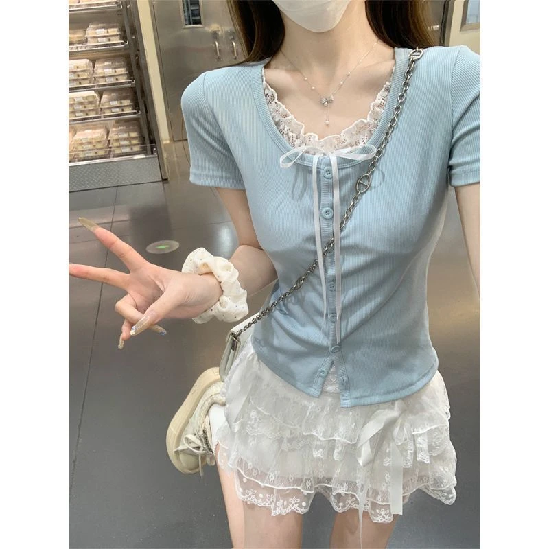 miu系蕾丝拼接假两件蝴蝶结系带t恤女夏季纯欲bm内搭U领上短袖辉