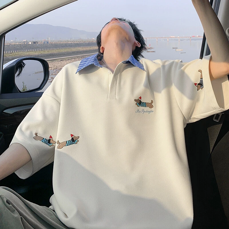 腊肠狗刺绣POLO领短袖t恤男夏季港风复古小众设计感假两件情侣衫