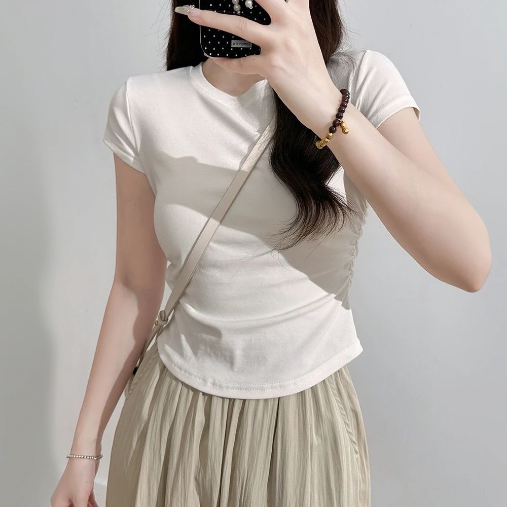 春游出行衣服正肩短袖上衣女薄款收腰设计感时尚甜辣妹风显瘦T恤