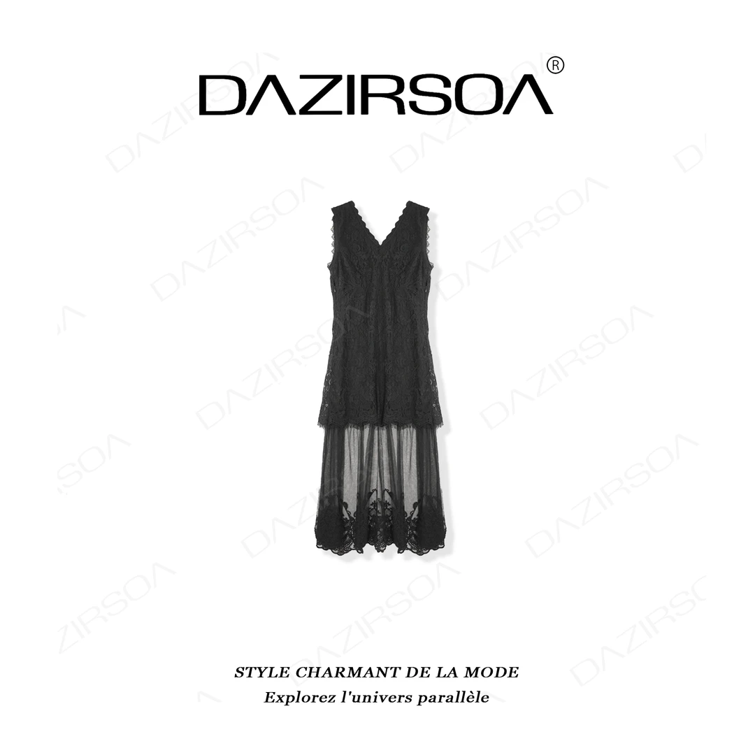 “自由生花”时尚百搭拼接网纱蕾丝吊带连衣裙 X859