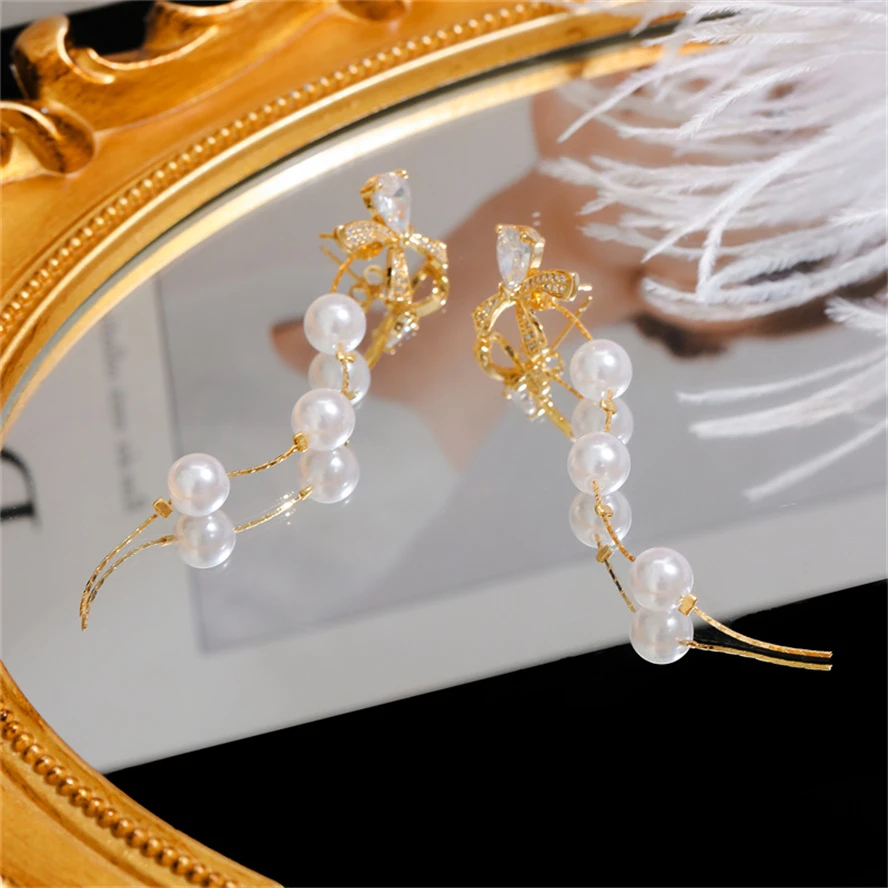 铜合金耳饰 长款流苏镶钻带珠珠仙气耳饰耳钉9036