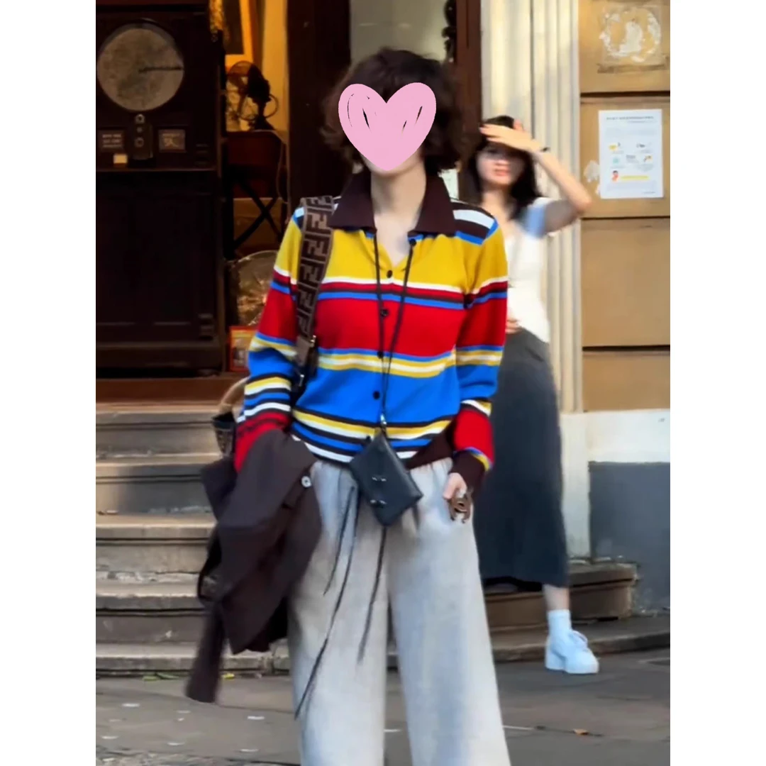 2025洋气新款条纹衫奶fufu慵懒风红色高级感超爆款毛衣外搭上衣女