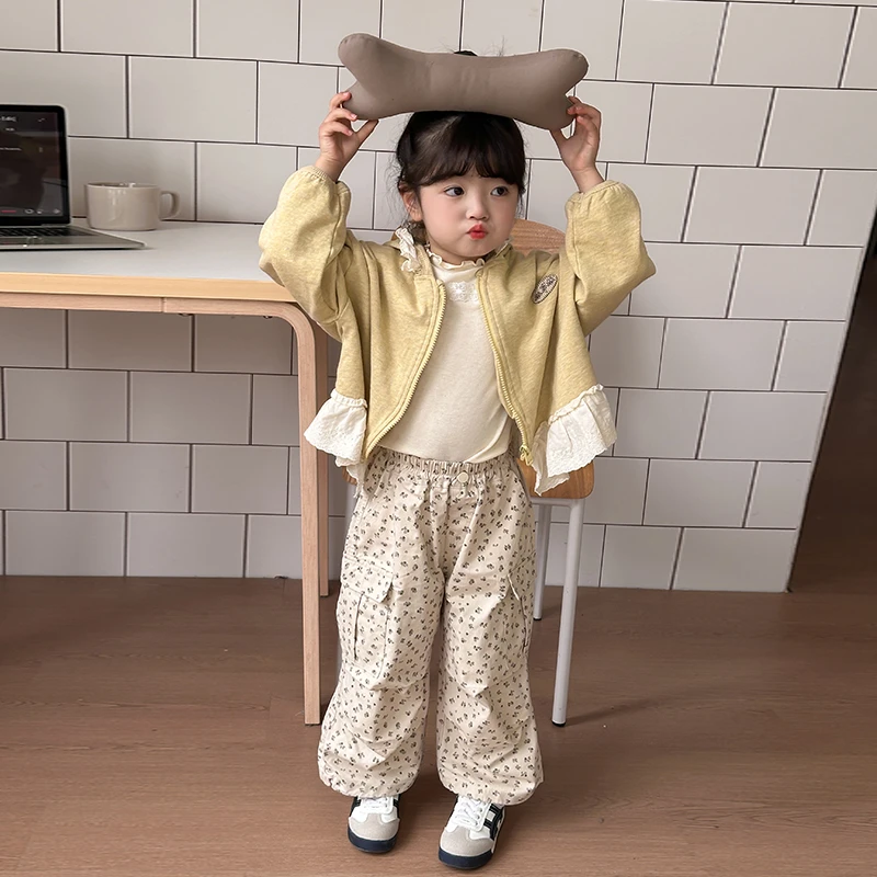 【橘子家】现货~女童长袖蕾丝边外套HS61025花色工装裤HS61026套装