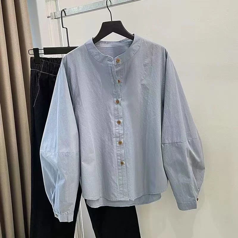 高级感圆领衬衫女宽松2025新款韩版休闲灯笼袖叠穿显瘦衬衣女 许