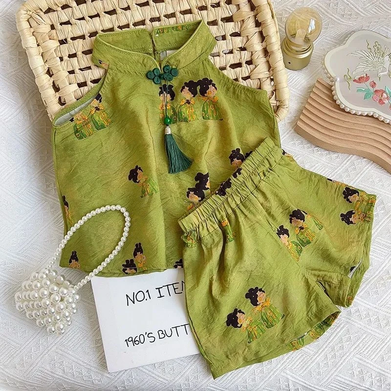 女童汉服中国风套装2025夏季新款中大童新中式吊带短裤二件套唐装