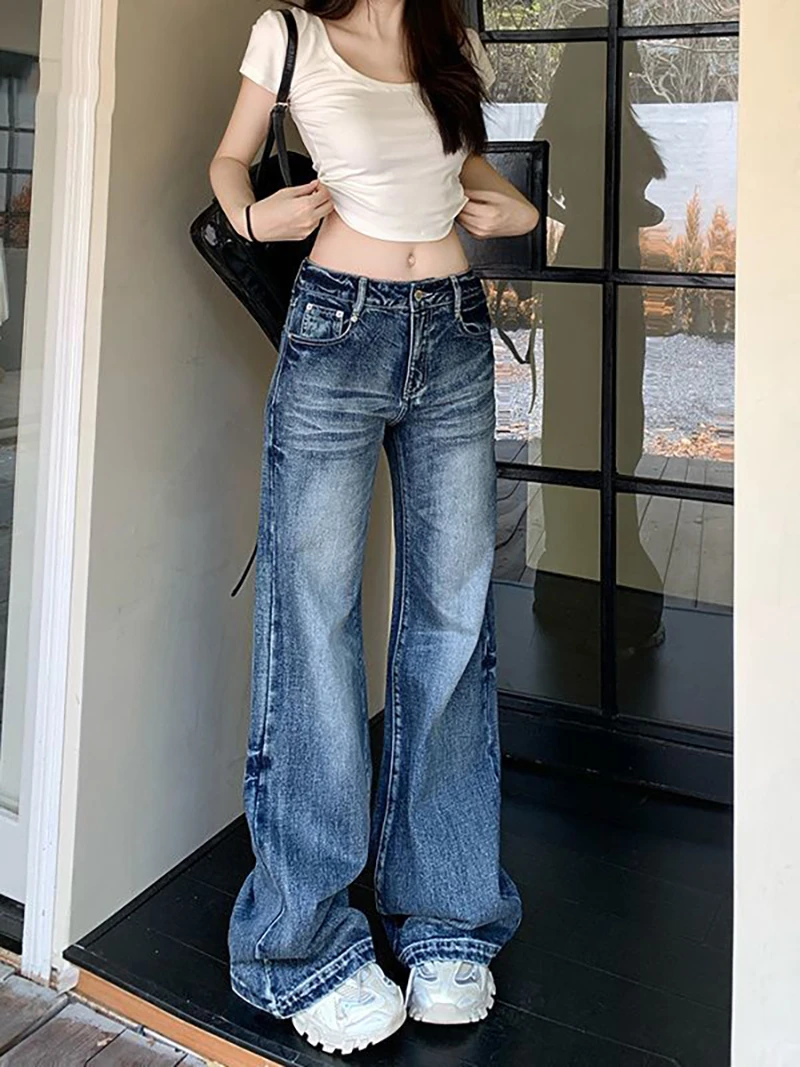 复古微喇牛仔裤女2025春季美式高街低腰宽松直筒阔腿拖地喇叭裤子
