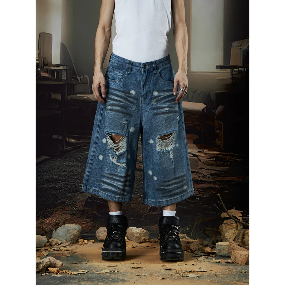 无人孤岛 擦色做旧蜂窝洗水宽松直筒七分裤破洞牛仔裤