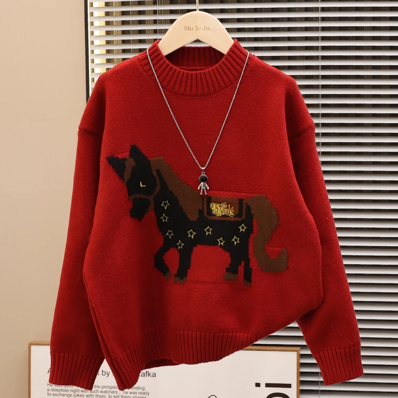 男童冬季加厚红色毛衣2026新款冬季本命年服打底衫中大儿童男孩潮