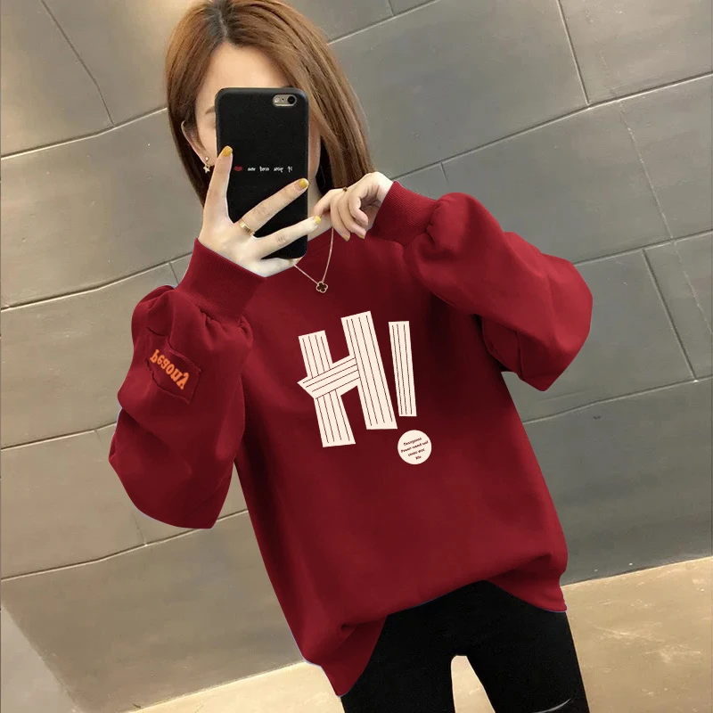 安可拉红百搭休闲字母2026新款春秋冬圆领无帽卫衣女加绒保暖外套