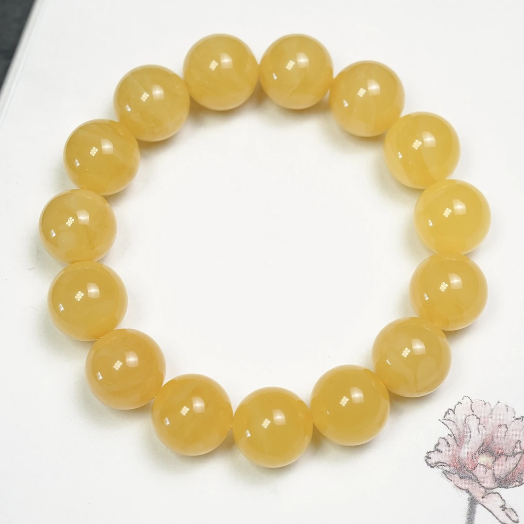 蜜蜡单圈手串14/15+mm颗颗精选原矿焦皮料轻奢橘黄精美气质素单圈