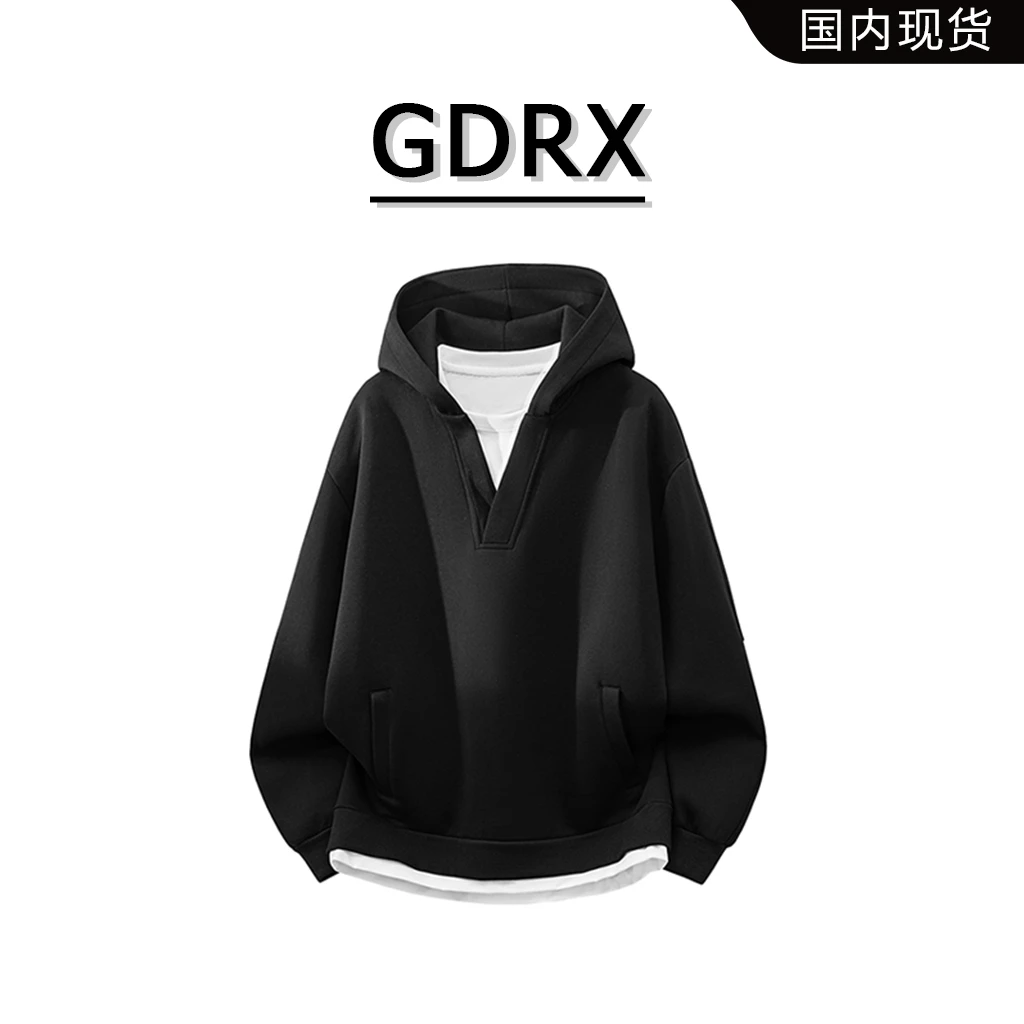 GDRX美式复古假两件长袖连帽卫衣男秋季新款宽松百搭休闲帽衫上衣