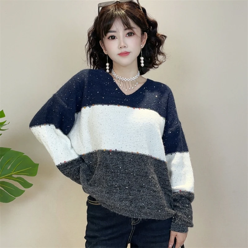 迪否V领条纹拼色针织衫秋季新款时尚简约宽松显瘦上衣2266