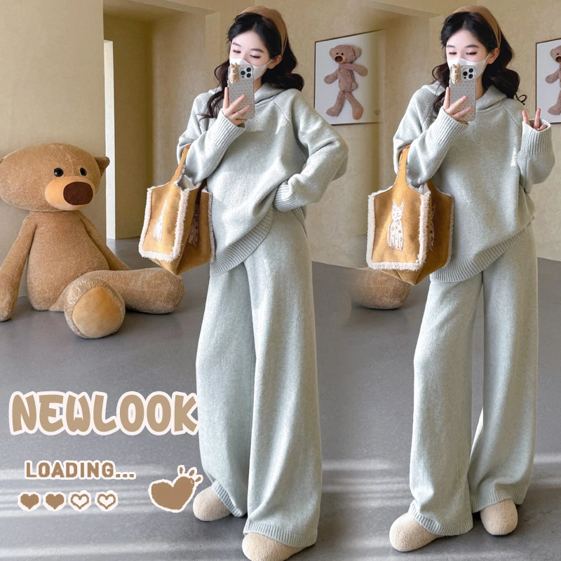 2025年时尚孕妇秋冬软糯时尚毛衣休闲款连帽阔腿裤时尚套装裤子女