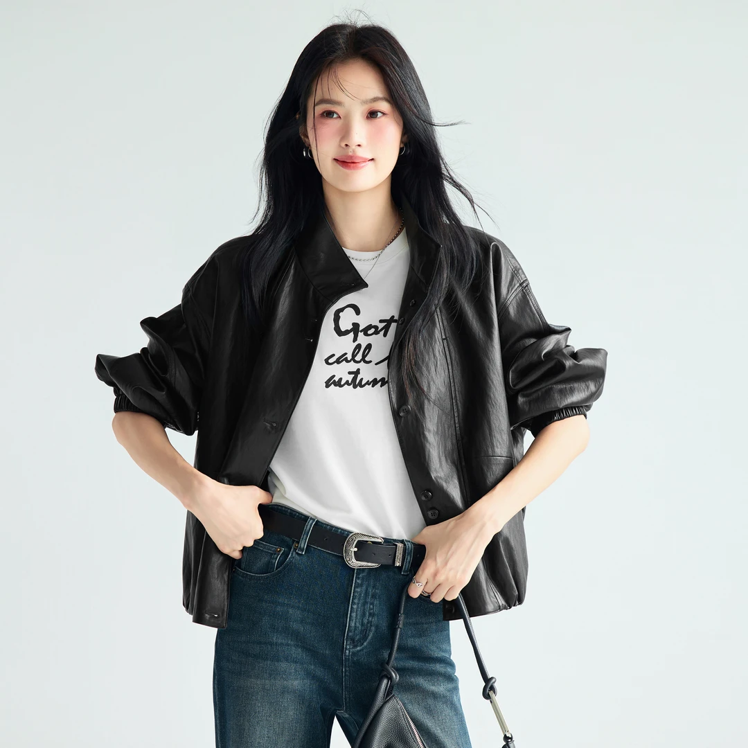 伊芙丽潮流机车气质抽绳皮衣女2025秋季新款休闲外套女1G8911181