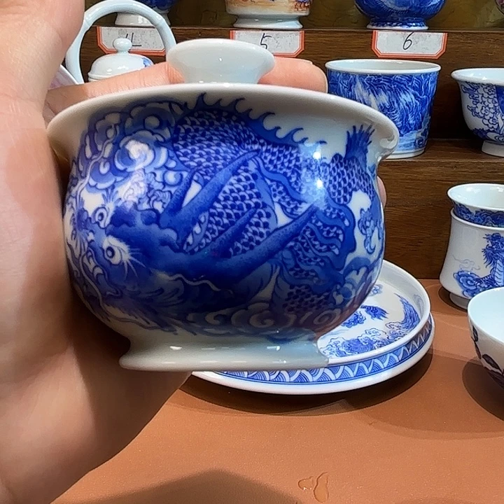 清***雅青花手工手绘龙纹盖碗