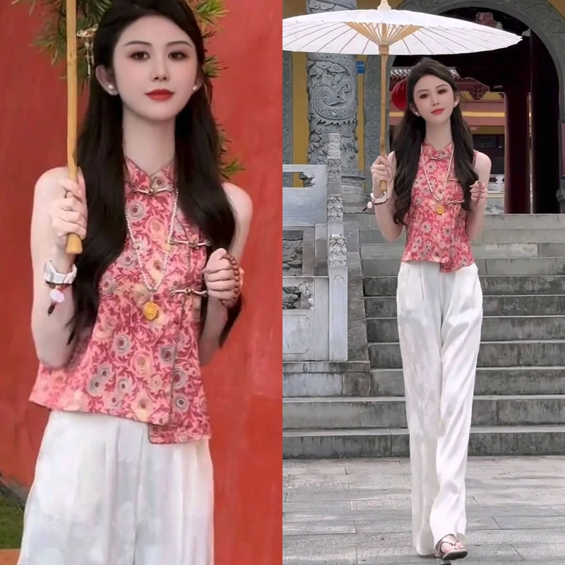 (有运费险)新中式国风复古印花马甲小衫夏季爆款百搭显瘦无袖上衣