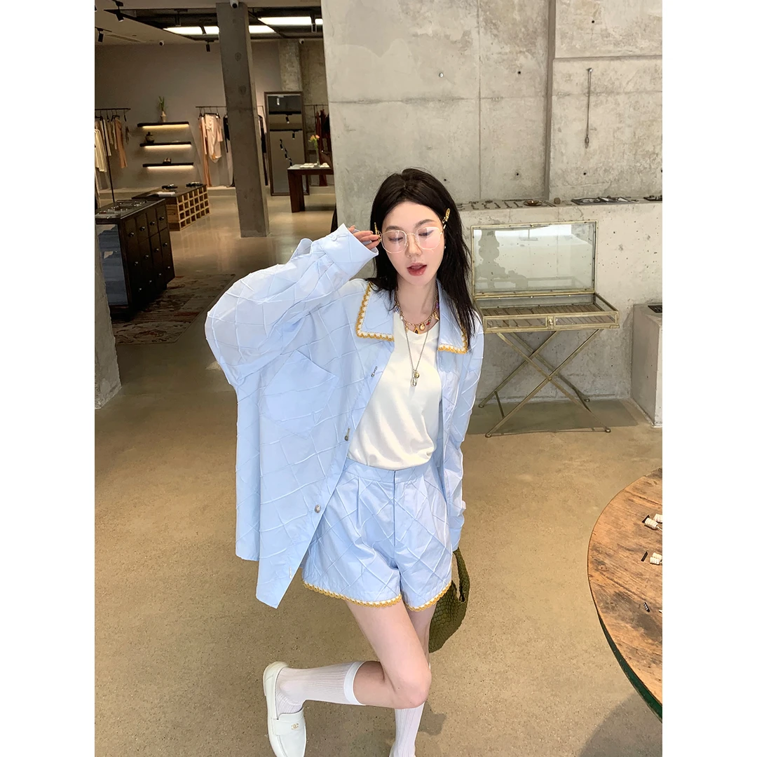 区区欧阳花边拼接格子衬衫女夏季薄款设计感小众宽松长袖显瘦短裤