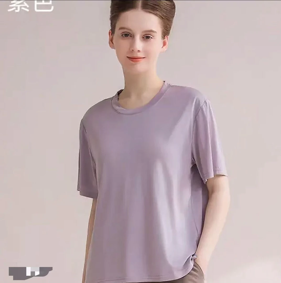 2025新款冰丝莫代尔带胸垫短袖单件上衣女款圆领宽松纯色女士