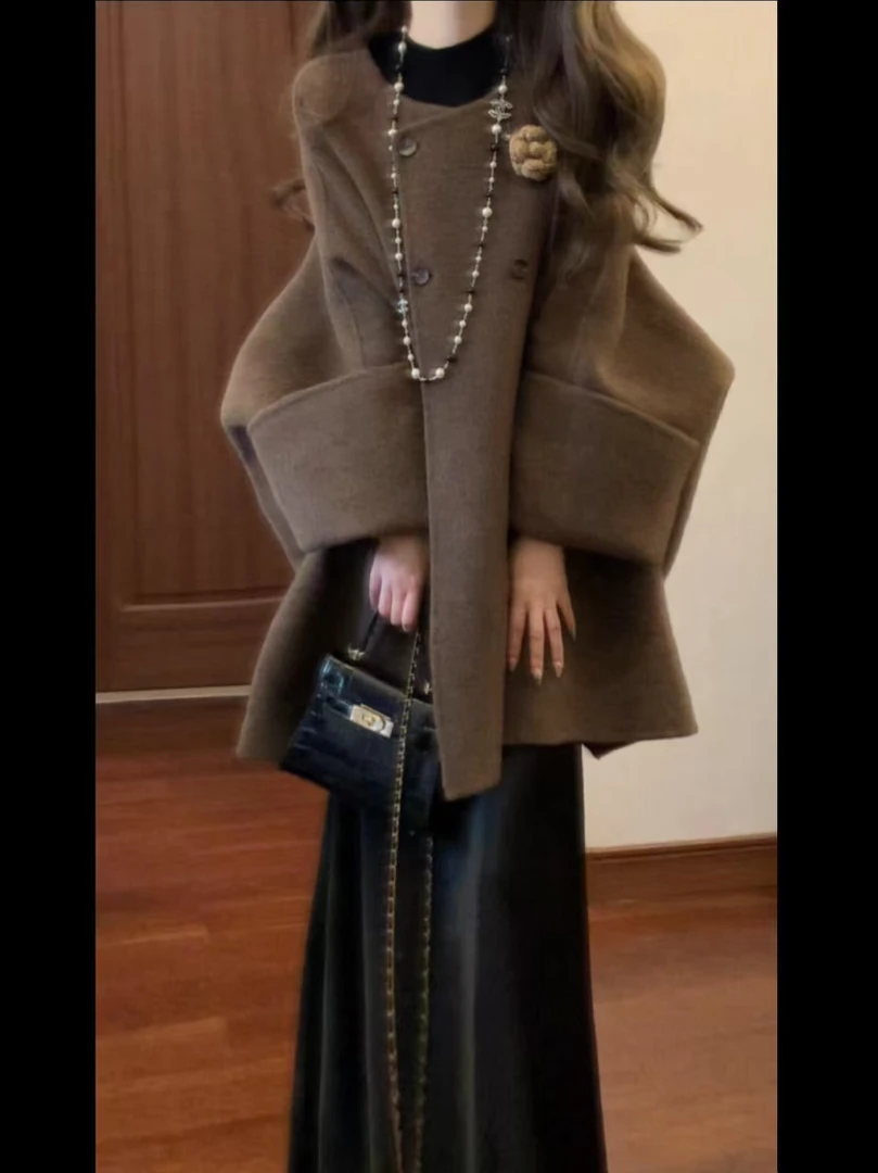 2025秋冬新款韩系穿搭高级感咖色毛呢外套灯芯绒半身裙气质两件套