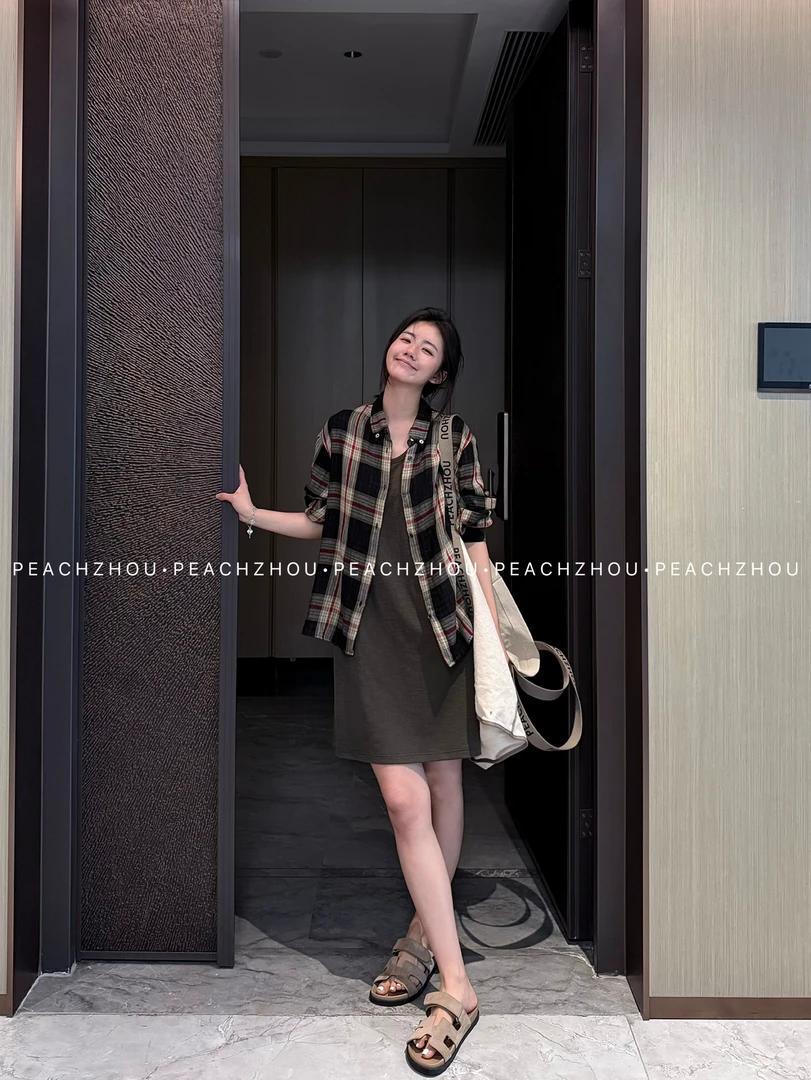 『PEACHZHOU』不规则前短后长设计感格纹宽松衬衫复古休闲中性长袖