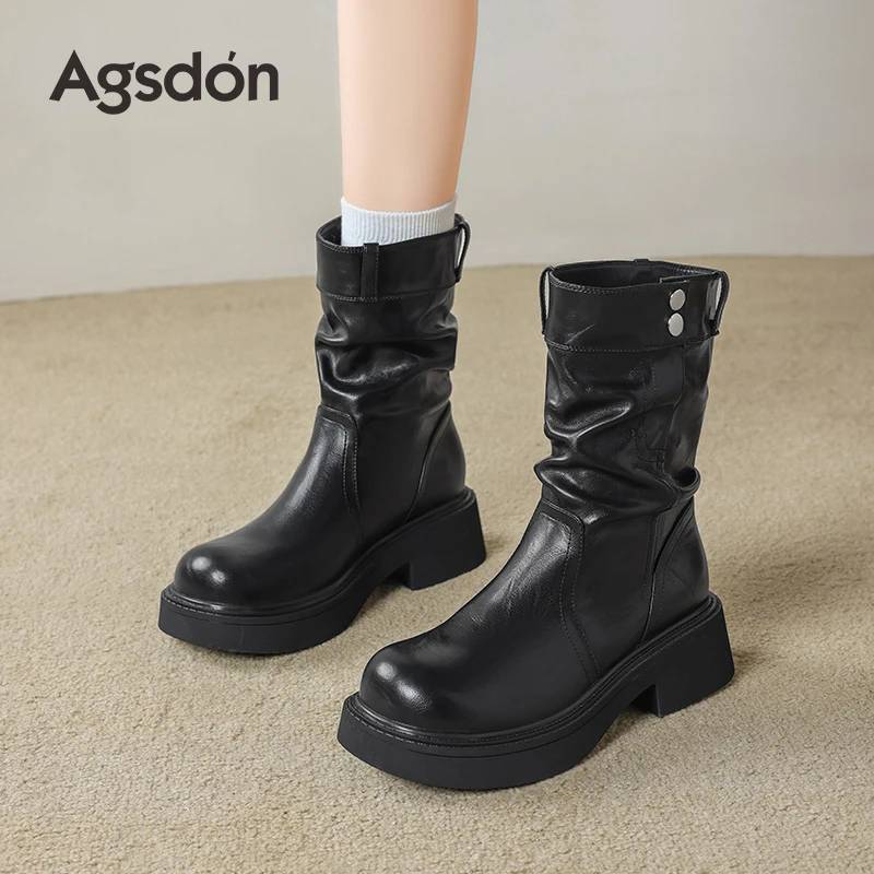 奥古狮登黑色短靴女款2025新款秋冬季英伦风厚底靴子显瘦西部靴xx