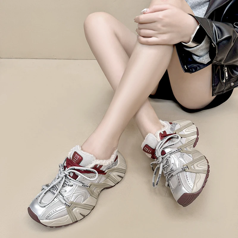 加绒保暖巴黎真皮厚底透气运动老爹鞋ins潮鞋2025秋冬增高休闲鞋