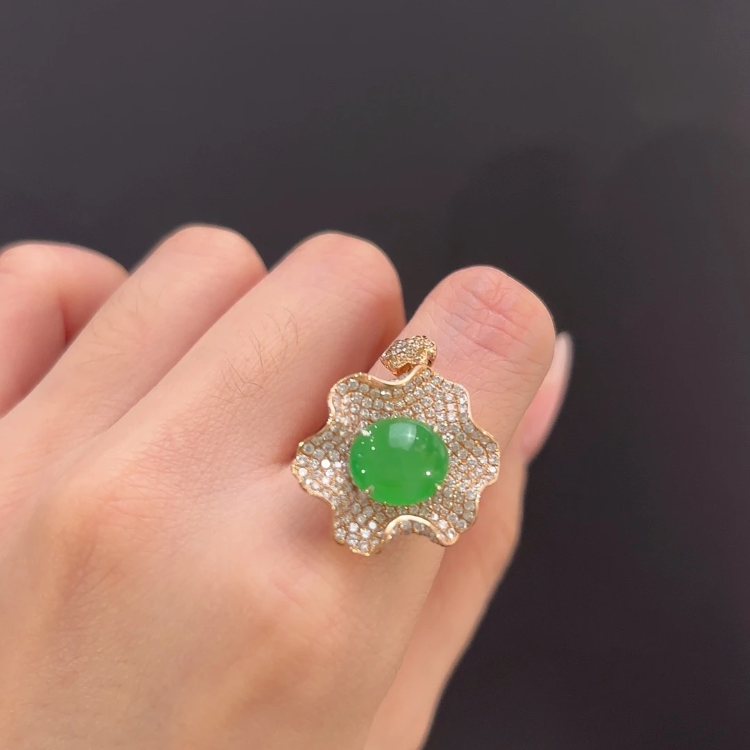 翡翠18K金镶嵌戒指荷叶蛋面戒指多人不退不换