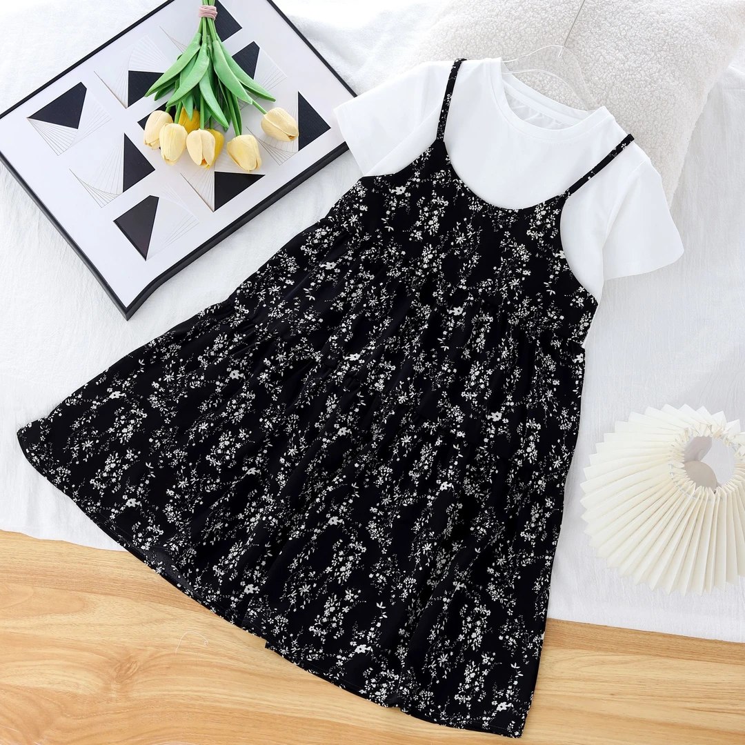 女童夏季连衣裙新款假两件拼接碎花儿童圆领洋气中大童公主连衣裙