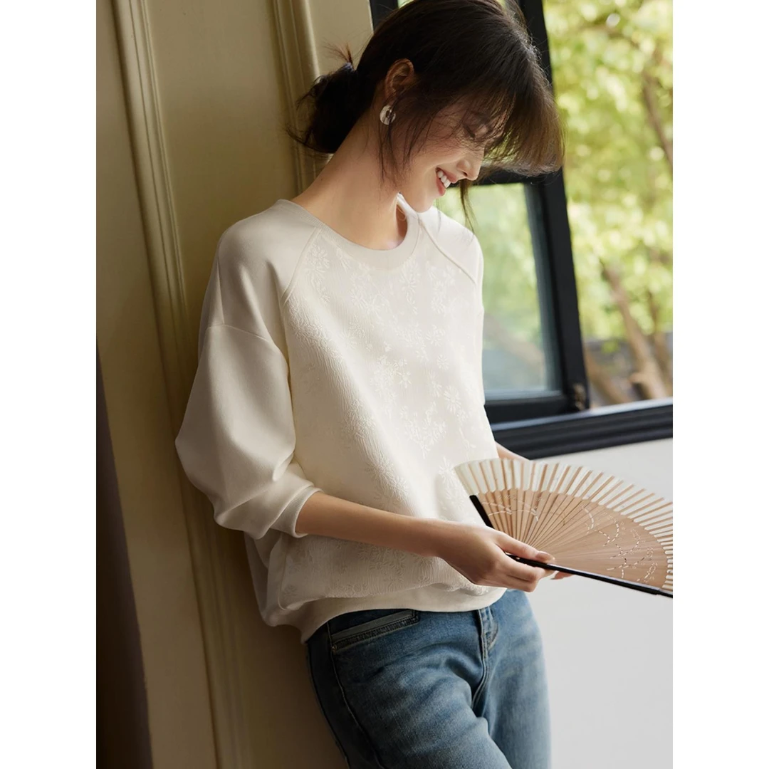 轻奢柔软缎面提花拼接肌理卫衣女秋季圆领宽松慵懒风长袖上衣简约