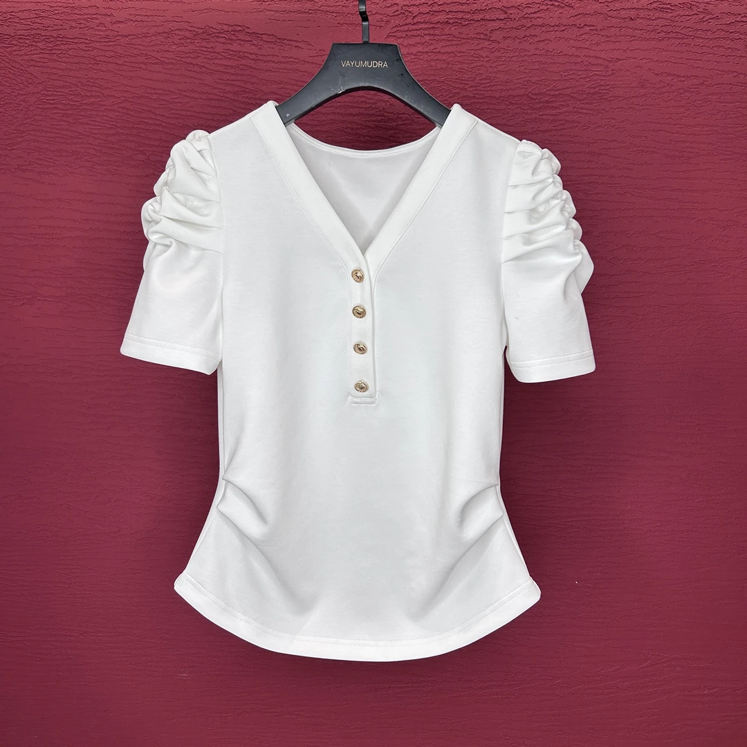 【堆堆袖】25年夏季新款泡泡袖收腰时尚气质简约百搭V领T恤女士上衣