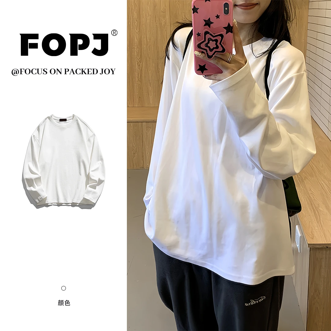 FOPJ美式重磅硬挺春秋纯棉长袖t恤女内搭宽松休闲纯色简约ins上衣