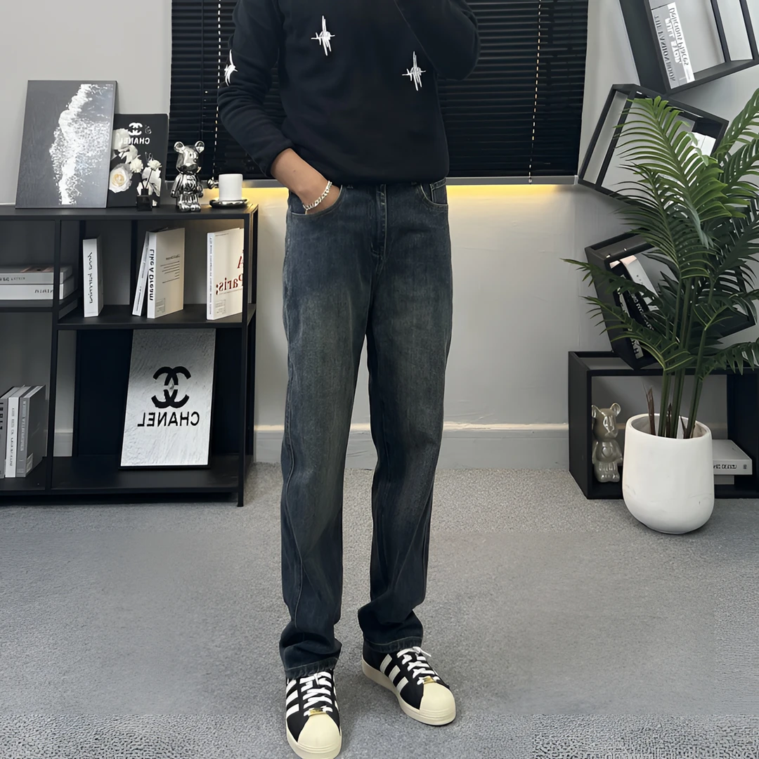 2025春夏新款男士微弹复古蓝水洗直筒高街美式牛仔裤休闲百搭潮流