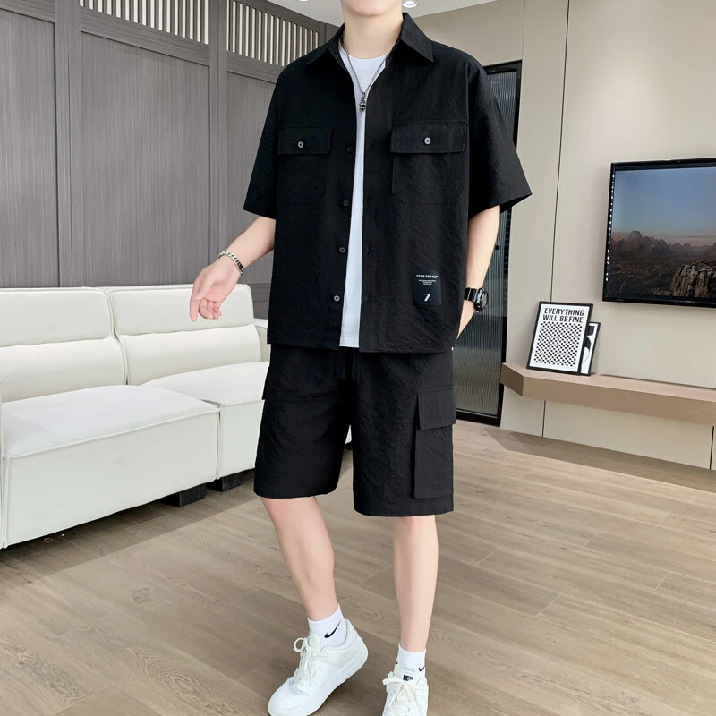 男士薄款衬衫套装2025新款青少年潮牌短袖短裤痞帅一套衬衣两件套