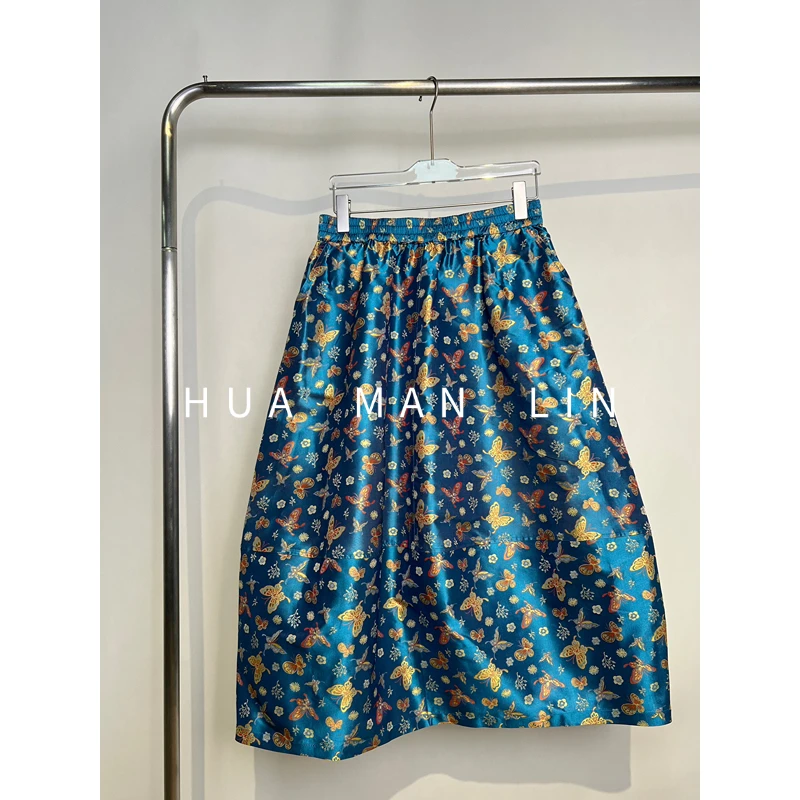 【花满林】全松紧腰蓝蝴蝶蜀锦真丝桑蚕丝半身裙259267