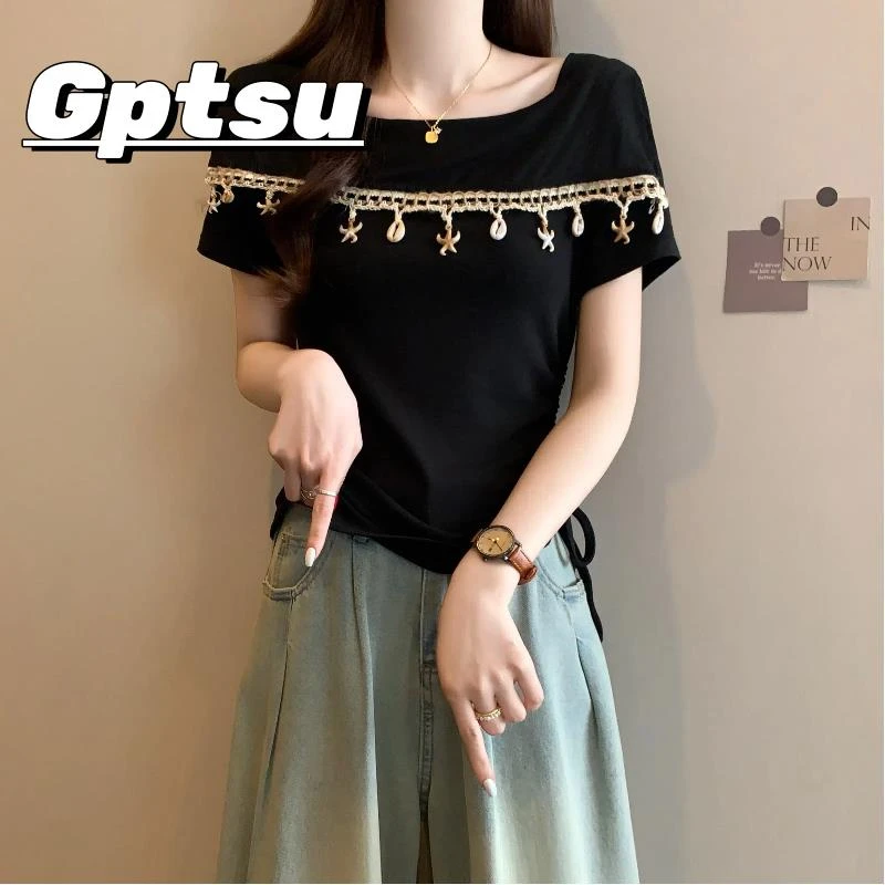 GPTSu设计感流苏方领正肩短袖T恤女装大码胖mm不规则抽绳收腰上衣