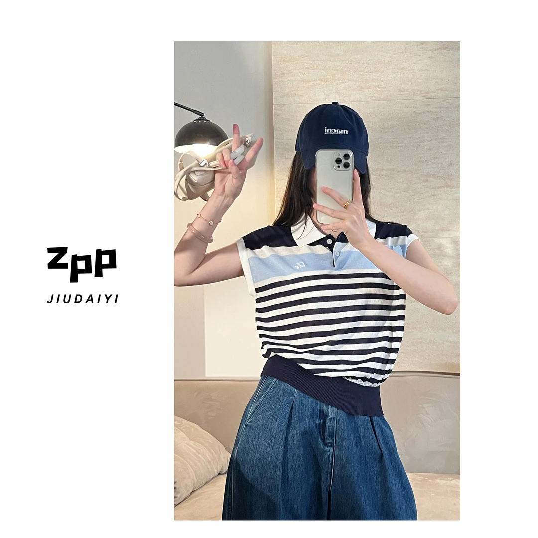 玖黛衣现货【元气条纹】新款夏季条纹拼色宽松薄款针织XSP41464