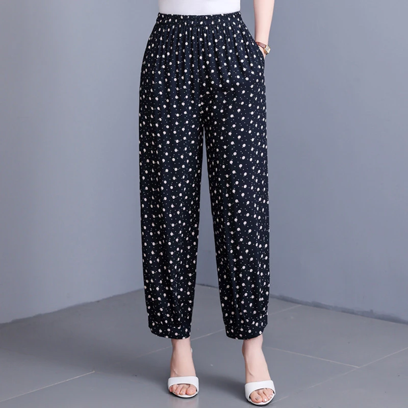棉绸九分裤休闲裤夏季高腰中老年妈妈装大码薄款哈伦裤口袋灯笼裤